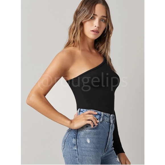 Black One Shoulder Asymmetrical Slim Fit Shirt Top - Picture 5 of 7
